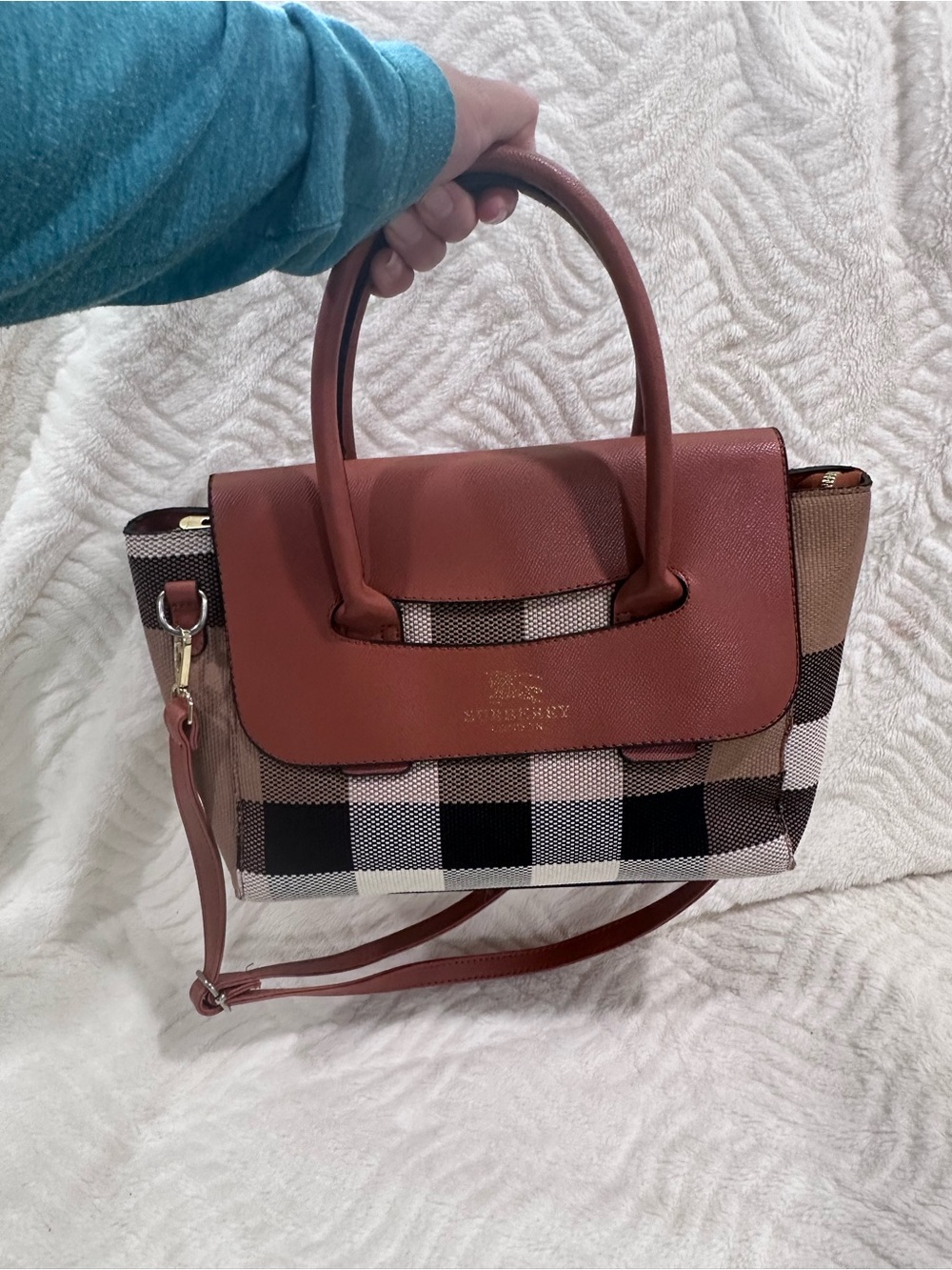 Burberry Brown Leather & Check Satchel with Top Handles - Picture 3 of 15